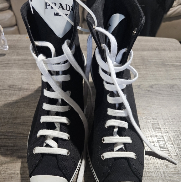Prada Black Canvas High-Tops with White Accents Size 38.5 - Picture 1 of 16
